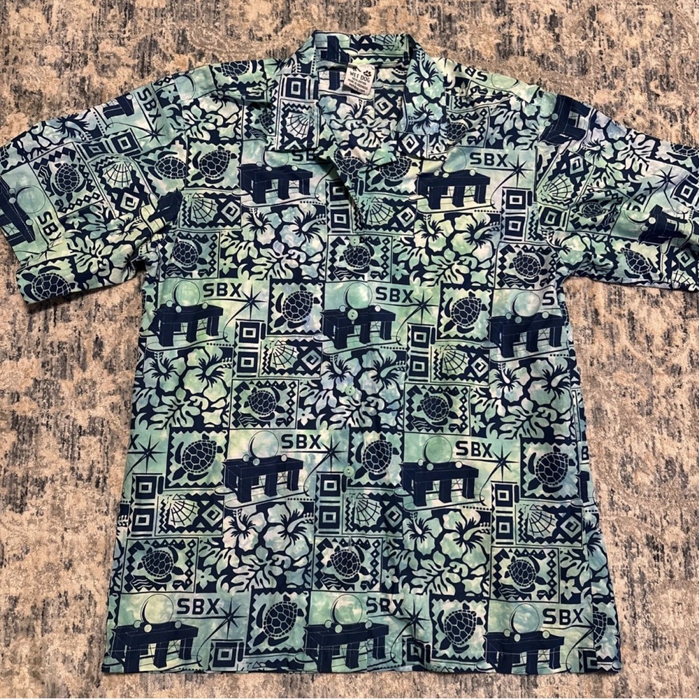Wet Dog Button Up Hawaiian Shirt Blue Green Mens Size L Short Sleeve Cotton SBX